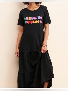 FARM RIO COTTON DRESS IN HAPPINESS GRAPHIC RAINBOW BLACK TIERED MAXI DRESS